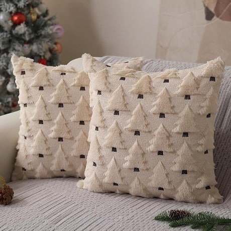 Christmas Pillow Covers 18x18 inch Set of 2 Black Christmas Decorations Soft Plush Faux Fur Wool Xmas Tree Throw Pillow Cases Winter Holiday Decor for Sofa Living Room 