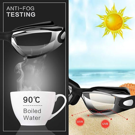 Pink Swim Goggles Set with Cap, Nose Clip, Earplugs & Case: Anti-Fog UV Protection for Men & Women