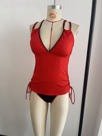 Knitted Hot Red Swimwear Set Featuring a Bold Deep V Cut and Lace-Up Back Detailing Size L