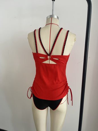 Knitted Hot Red Swimwear Set Featuring a Bold Deep V Cut and Lace-Up Back Detailing Size L