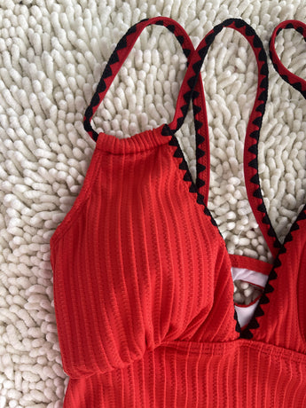 Knitted Hot Red Swimwear Set Featuring a Bold Deep V Cut and Lace-Up Back Detailing Size M