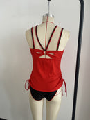 Knitted Hot Red Swimwear Set Featuring a Bold Deep V Cut and Lace-Up Back Detailing Size XL