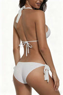 Three-Dimensional Pattern Fabric Bikini White Simple Metal Chain Swimsuit Sexy Deep V Tie Swimwear Size XL