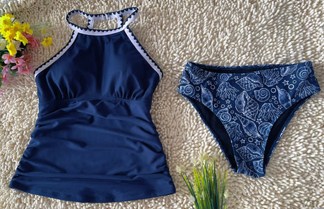 Spot Eco-friendly Fabric Navy Round Neck Swimsuit Sexy Tankini Size S