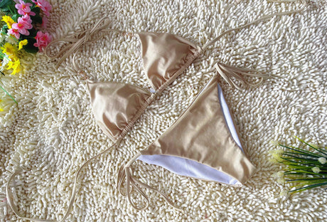 Beige Three Point Tie Bikini Simple Sexy Seashell Embellished Swimsuit Size L