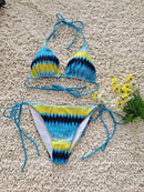 2026 New Bikini Yellow and Blue Color Clash Design Swimsuit Wave Pattern Print Eco-friendly Fabric Size M