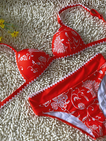 New Hard Cup Bra Padded High Waist Floral Printed Swimsuit Orange Bikini Size L