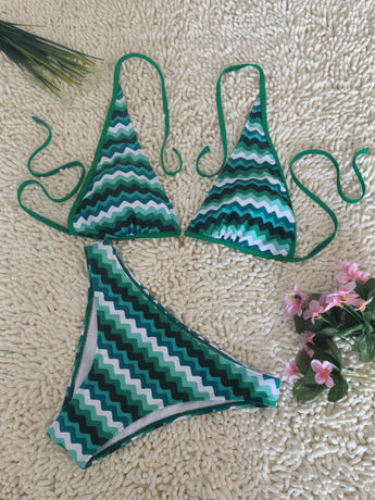 Lake Blue Halter Neck Swimwear with Wave Pattern for Women Size L