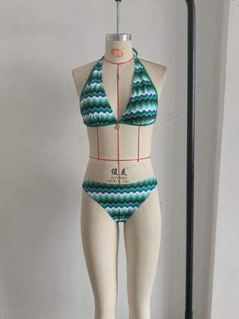 Lake Blue Halter Neck Swimwear with Wave Pattern for Women Size M