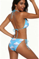White Clouds Cute Bikini Sky Blue Deep V Tie Swimsuit Size S