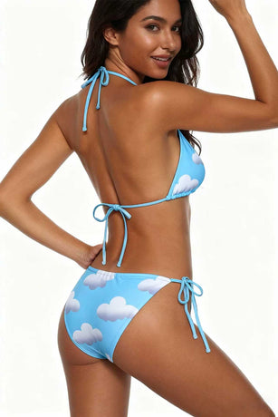White Clouds Cute Bikini Sky Blue Deep V Tie Swimsuit Size S