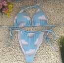 White Clouds Cute Bikini Sky Blue Deep V Tie Swimsuit Size L