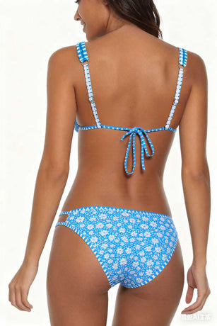 Adjustable Strap Blue Floral Print Swimwear Set Size L