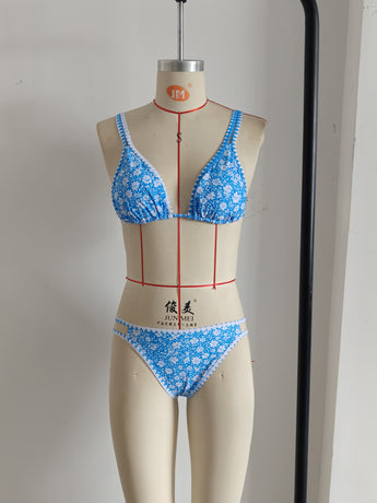 Adjustable Strap Blue Floral Print Swimwear Set Size L
