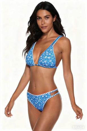 Adjustable Strap Blue Floral Print Swimwear Set Size M