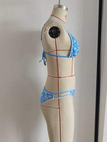 Adjustable Strap Blue Floral Print Swimwear Set Size M