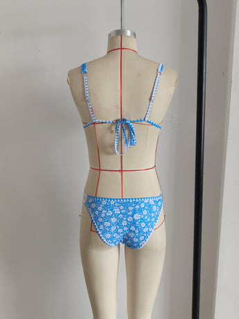 Adjustable Strap Blue Floral Print Swimwear Set Size M