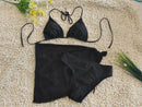 Three Piece Bikini Gauze See Through Sexy Deep V Black Swimsuit Size L