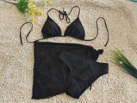 Three Piece Bikini Gauze See Through Sexy Deep V Black Swimsuit Size L