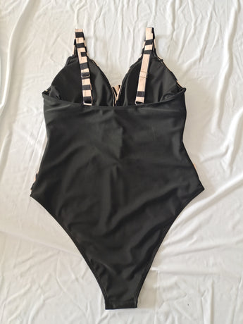 Plus Size One-Piece Deep V-Neck Swimsuit with Waist Tie Design Size 0XL