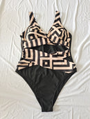 Plus Size One-Piece Deep V-Neck Swimsuit with Waist Tie Design Size 2XL