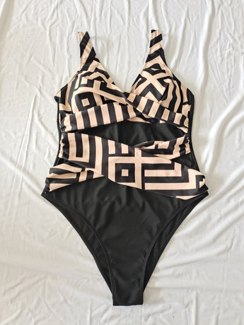 Plus Size One-Piece Deep V-Neck Swimsuit with Waist Tie Design Size 2XL
