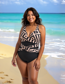 Plus Size One-Piece Deep V-Neck Swimsuit with Waist Tie Design Size 3XL