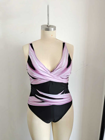 Plus Size One-Piece Deep V-Neck Swimsuit with Waist Tie Design Size 1XL