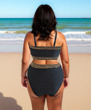 Black Rose Leopard Mesh Trim 2pcs Bikini Swimsuit Set for Women Plus Size Size 1XL