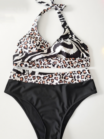 Two Leopard Print Patterns Sspliced Plus Size Bikini Size 3XL