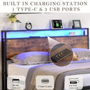 Queen Bed Frame with Storage, Industrial Bed with Led Lights Headboard and 2 Drawers, Wooden Bed Frames with Charging Station, Noise Free, No Box Spring Needed, Easy Assembly, Rustic Brown