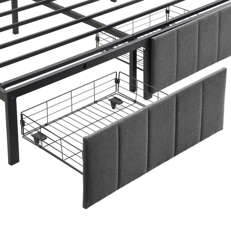 Double Bed Frame with 2 Storage Drawers and LED Lights Headboard, Upholstered Bed Frame with Charging Station, No Box Spring Needed, Easy Assembly - Grey