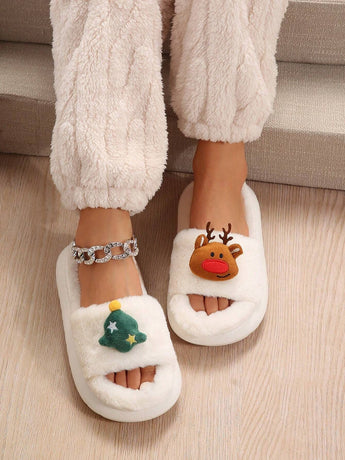 Christmas Cartoon Plush Slippers, Unisex Lightweight Thick-Soled Anti-Slip Fuzzy Slippers for Couples & Family(milky white)