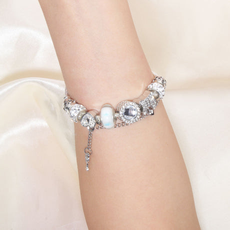 Rhinestone Cat's Eye Glass Bead Charm Bracelet - Heart Lock Pendant(21cm)