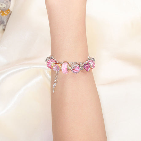 Rhinestone Heart & Bead Alloy Plated Bracelet with Happy Lock Pendant(19cm)