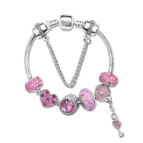 Rhinestone Heart & Bead Alloy Plated Bracelet with Happy Lock Pendant(20cm)