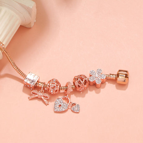 Hollow Out Crystal Flower Heart Bow Charm Bracelet(rose gold,17cm)
