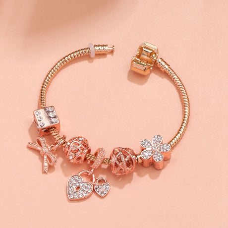 Hollow Out Crystal Flower Heart Bow Charm Bracelet(rose gold,17cm)
