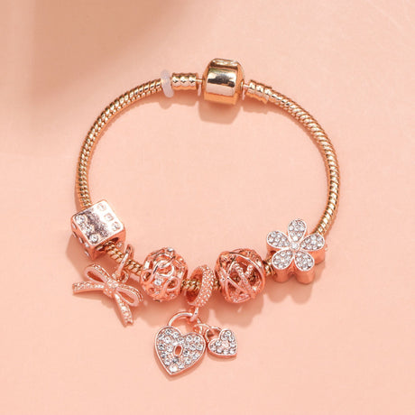 Hollow Out Crystal Flower Heart Bow Charm Bracelet(rose gold,18cm)