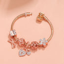 Hollow Out Crystal Flower Heart Bow Charm Bracelet(rose gold,21cm)