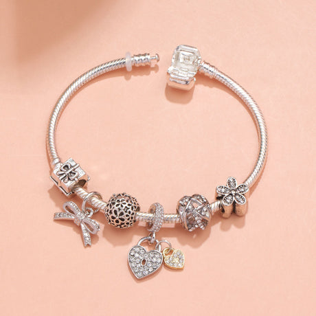 Hollow Out Crystal Flower Heart Bow Charm Bracelet(silver-toned,17cm)