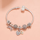 Hollow Out Crystal Flower Heart Bow Charm Bracelet(silver-toned,19cm)