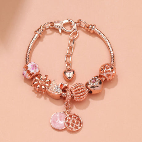 Hollow Crystal-Encrusted Swan Crown Flower Heart Bracelet(rose gold,17cm)