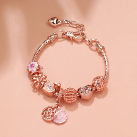 Hollow Crystal-Encrusted Swan Crown Flower Heart Bracelet(rose gold,19cm)