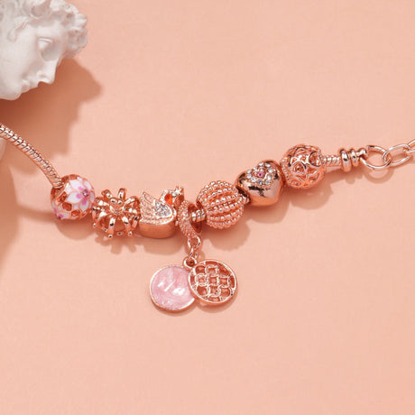 Hollow Crystal-Encrusted Swan Crown Flower Heart Bracelet(rose gold,20cm)