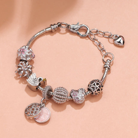 Hollow Crystal-Encrusted Swan Crown Flower Heart Bracelet(silver,18cm)