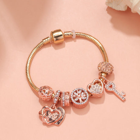 Crystal-studded Hollow Heart Key Tree of Life Bracelet(rose gold,17cm)