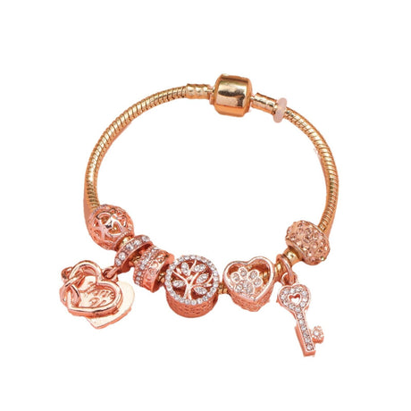 Crystal-studded Hollow Heart Key Tree of Life Bracelet(rose gold,19cm)