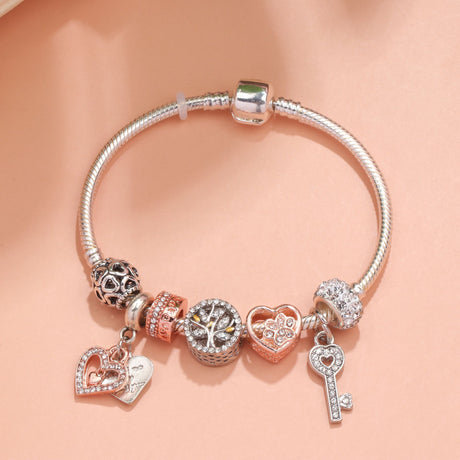 Crystal-studded Hollow Heart Key Tree of Life Bracelet(silver,17cm)