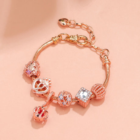 Hollow-out Rhinestone Heart Flower Charm Bracelet(rose gold,16cm)